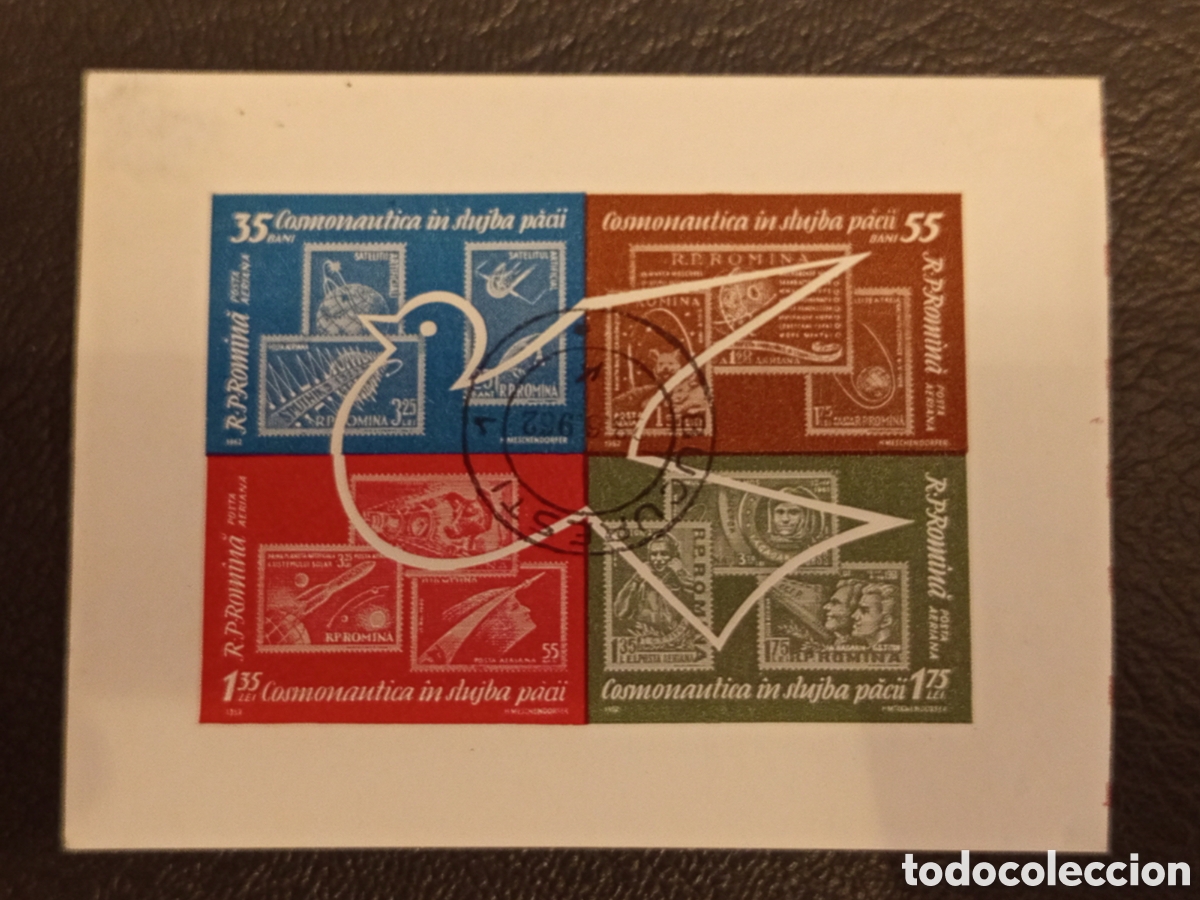 Sellos: Rumania 1962 - Bloque de 4 &rdquo;Cosmon&aacute;utica al Servicio de la Paz&rdquo; (Michel Bl. 53 / LP 541a) Usado