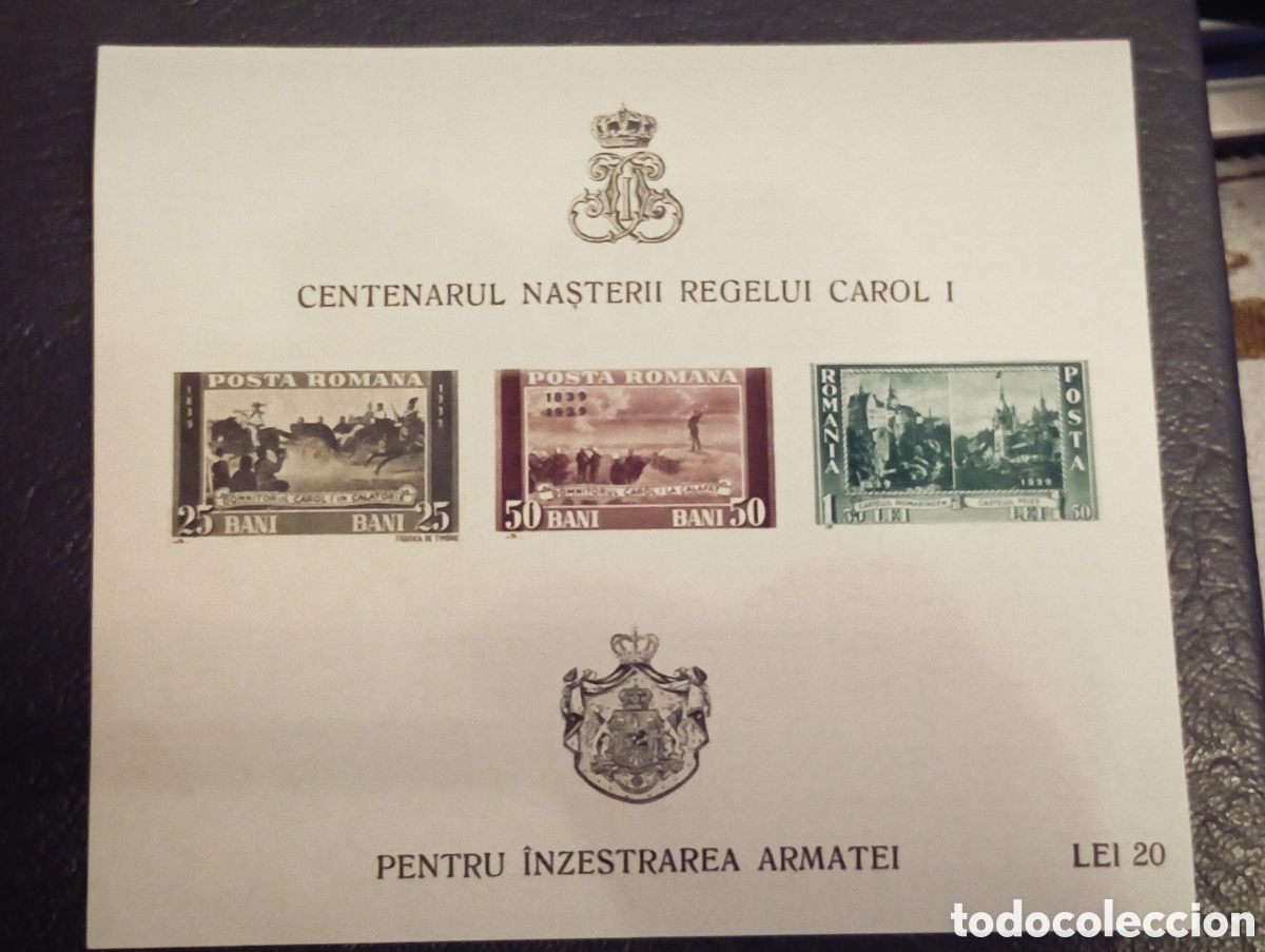 Sellos: Ruman&iacute;a 1939 - Hojita Centenario de Carol I - Yvert BF4 - MNH