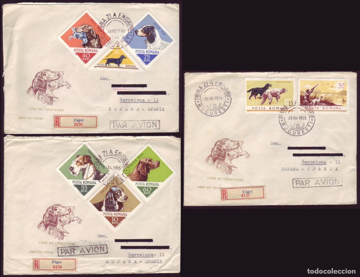 Sellos: 3 FDC Romania, 1965 | Hunting dogs | Yv: 2186/92, Mi: 2470/7