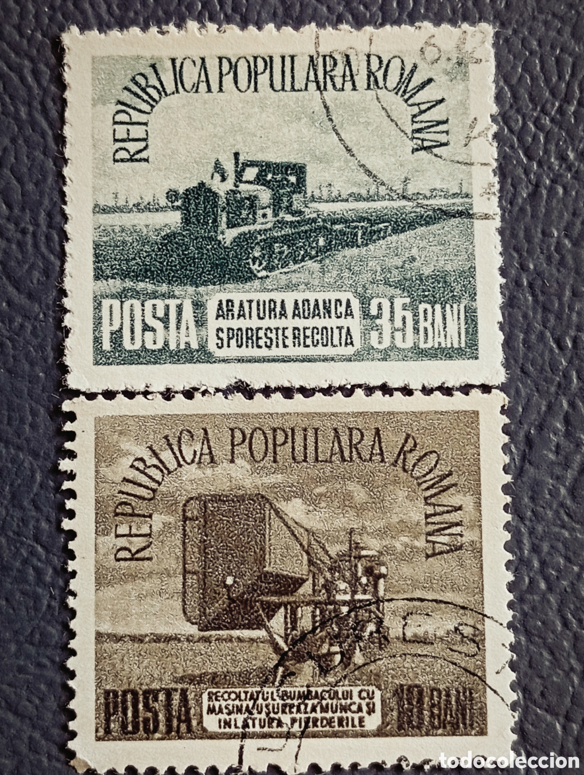Sellos: RUMAN&Iacute;A 1950s &middot; Propaganda Agr&iacute;cola Comunista &middot; Tractor + Cosechadora &middot; 35+55 Bani &middot; Usados