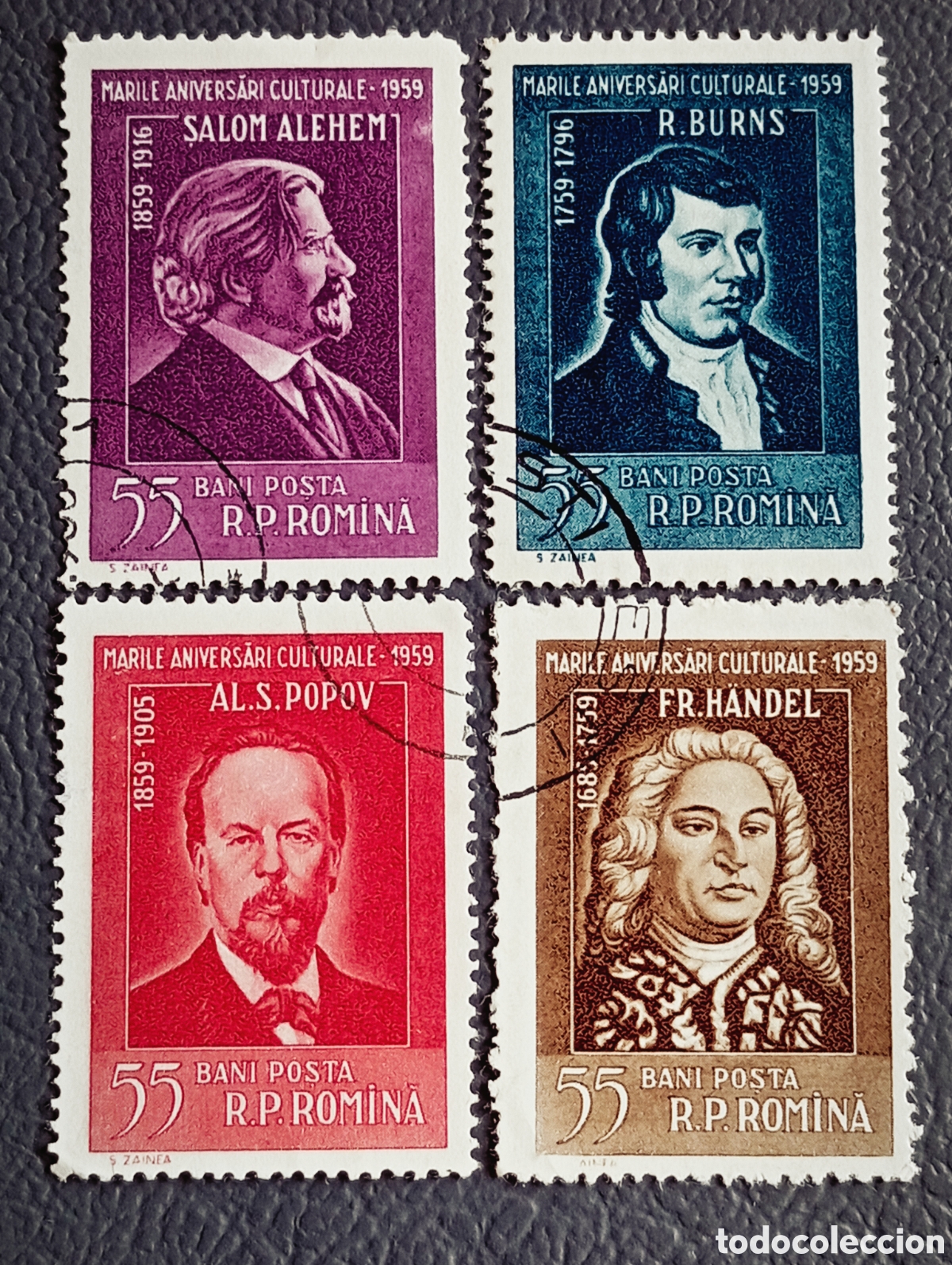Sellos: RUMAN&Iacute;A 1959 &middot; &rdquo;Aniversarios Culturales&rdquo; &middot; Burns &middot; H&auml;ndel &middot; Popov &middot; Al&eacute;jem &middot; 4x55 Bani &middot; Serie