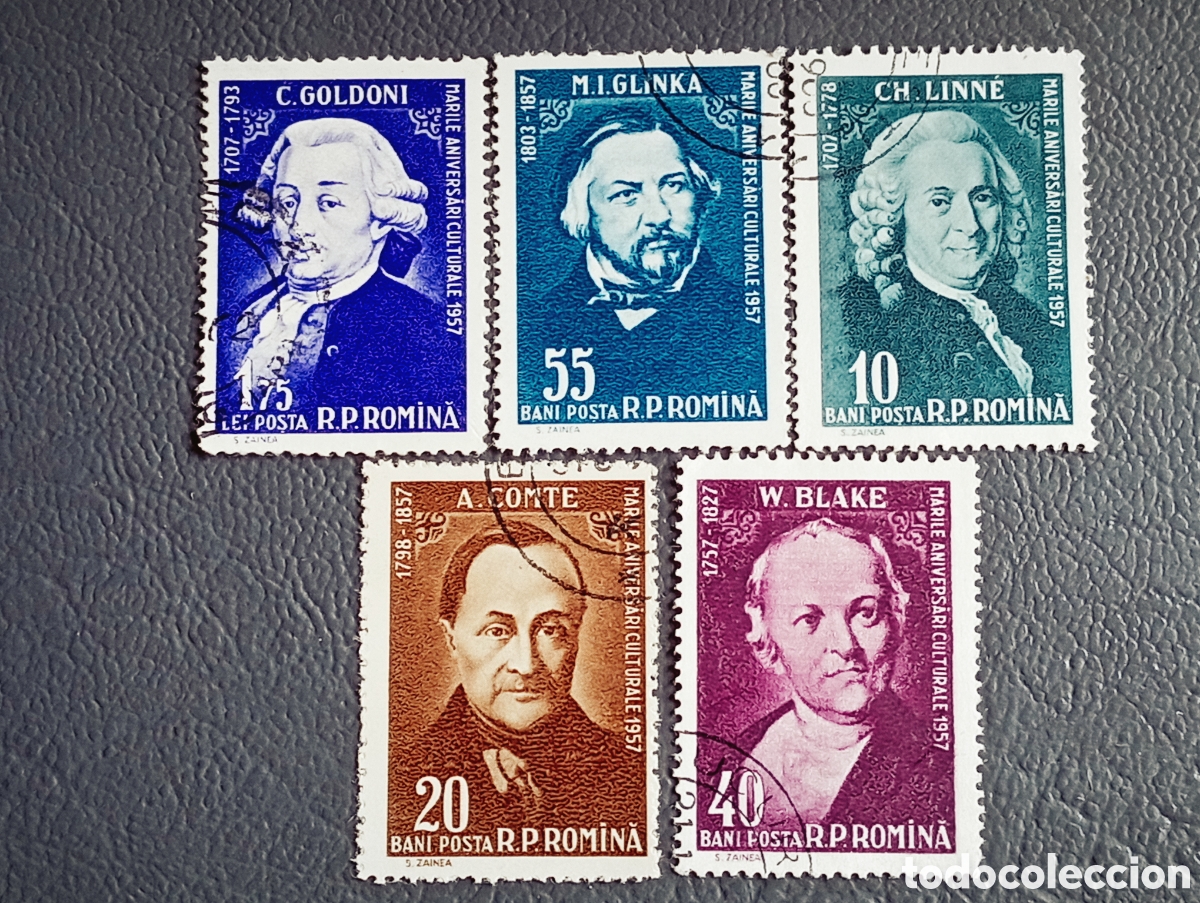 Sellos: RUMAN&Iacute;A 1957 &middot; &rdquo;Aniversarios Culturales&rdquo; &middot; Goldoni &middot; Glinka &middot; Linn&eacute; &middot; Comte &middot; Blake &middot; 5 Valores &middot; Us