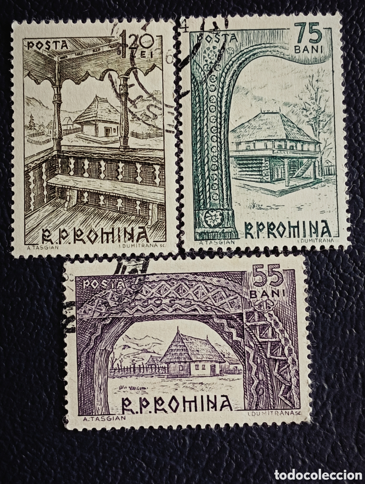 Sellos: RUMAN&Iacute;A 1957 &middot; &rdquo;Arquitectura Popular&rdquo; &middot; Portales Maramureș &middot; 55B+75B+1,20L &middot; Serie Completa &middot; Usados