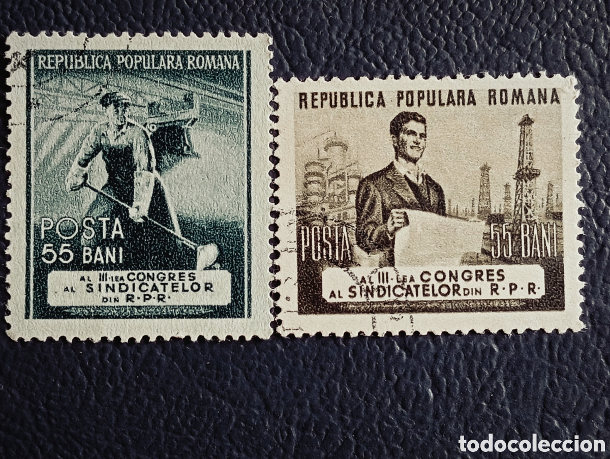 Sellos: RUMAN&Iacute;A 1951 &middot; &rdquo;III Congreso Sindicatos&rdquo; &middot; Obrera Textil + Obrero Petr&oacute;leo &middot; 55+55 Bani &middot; Usados