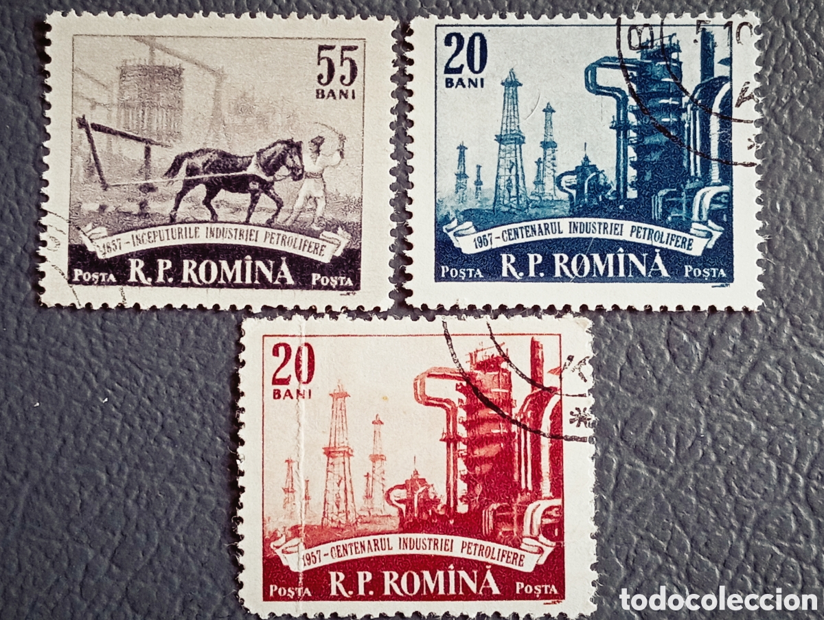 Sellos: RUMAN&Iacute;A 1957 &middot; &rdquo;Centenario Industria Petrolera&rdquo; &middot; Torres Petr&oacute;leo &middot; 20B(x2)+55B &middot; Serie Completa &middot; U