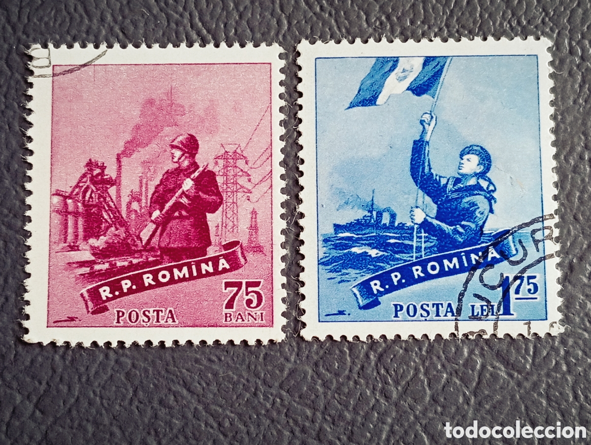 Sellos: RUMAN&Iacute;A 1955 &middot; &rdquo;Fuerzas Armadas&rdquo; &middot; Soldado + Marinero &middot; 75B+1,75L &middot; Usados
