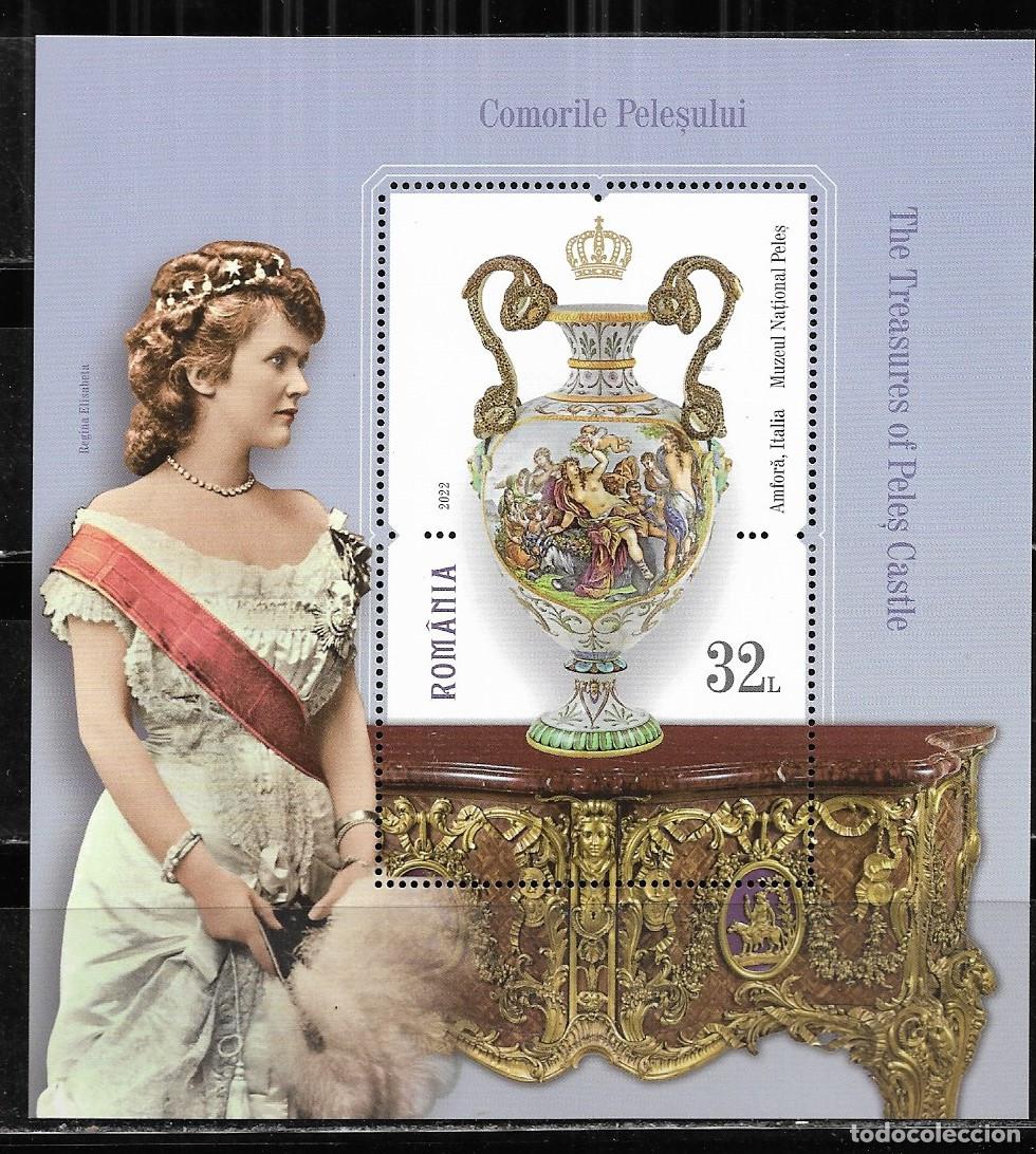 Sellos: RUMANIA 2022, HOJA BLOQUE REINA EIZABETH MARY PELES MNH.
