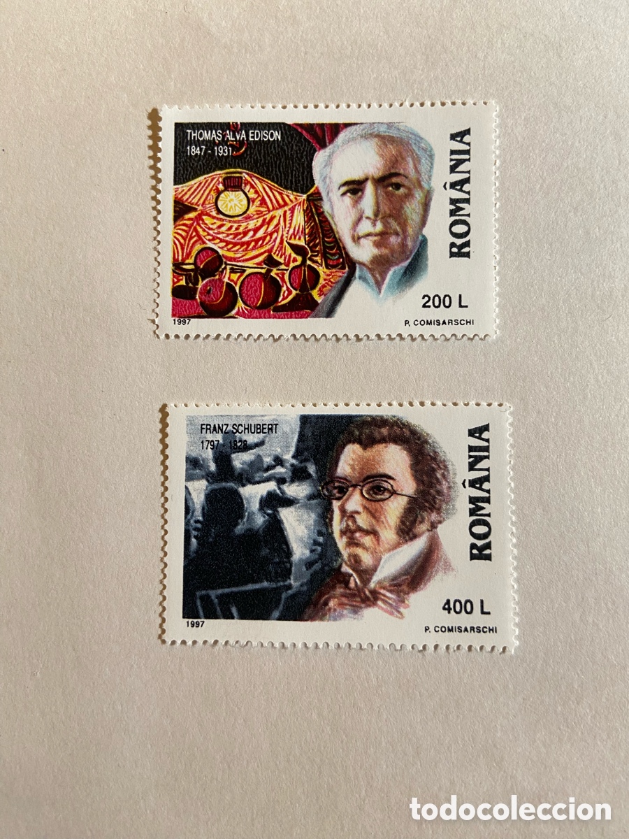 Sellos: RUMAN&Iacute;A. PERSONAJES 1997. EDISON Y FRANZ SCHUBERT. NUEVOS CON GOMA MNH