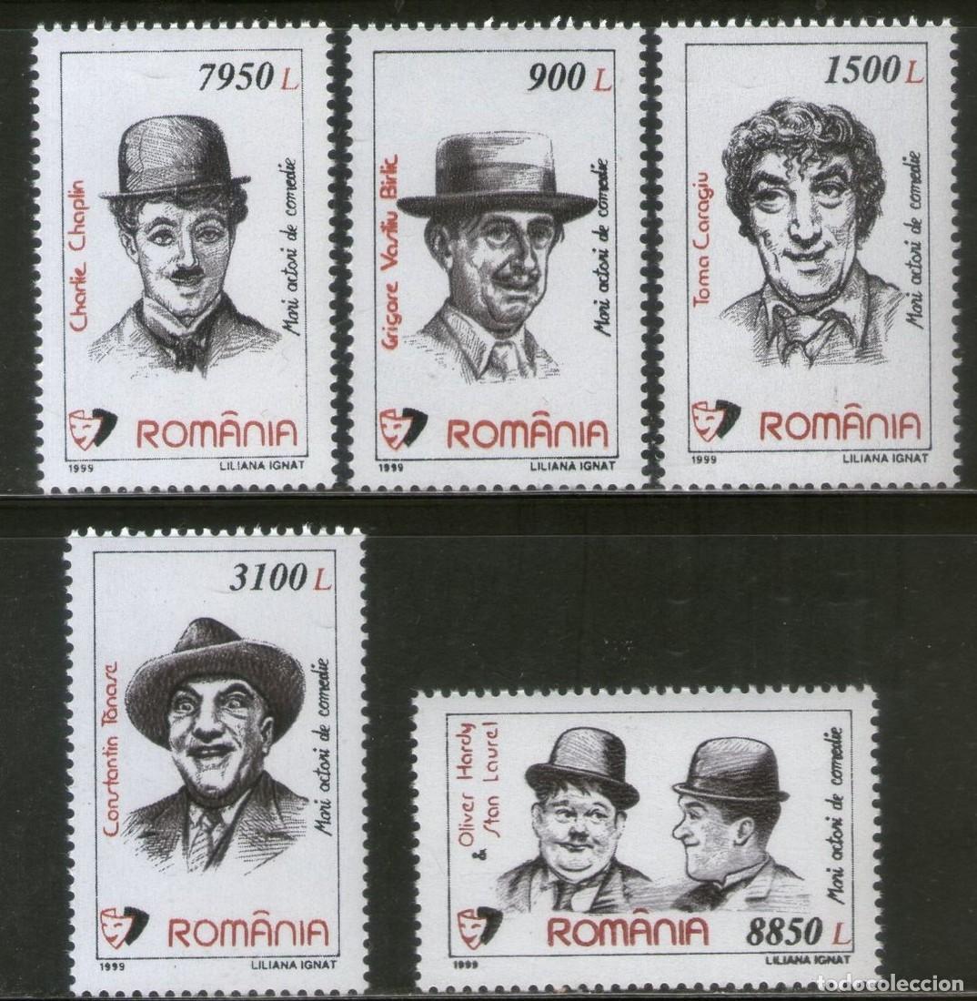 Sellos: RUMANIA 1999 SERIE 5 STAMPS MNH CHARLES CHAPLIN LAUREL Y HARDY COMEDIANTES CINE ACTORES CINEMA