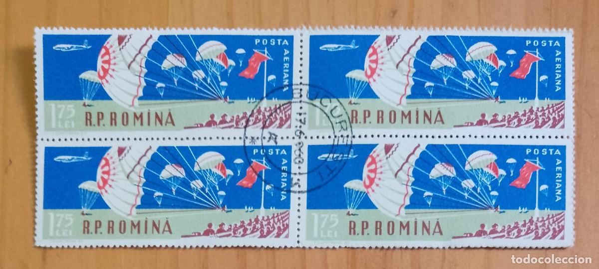 Sellos: RUMANIA - TIRA 4 SELLOS V/F 1,75 LEI, PARACAIDISTAS - MATASELLO DE FAVOR: 17.6.960 BUCARESTI