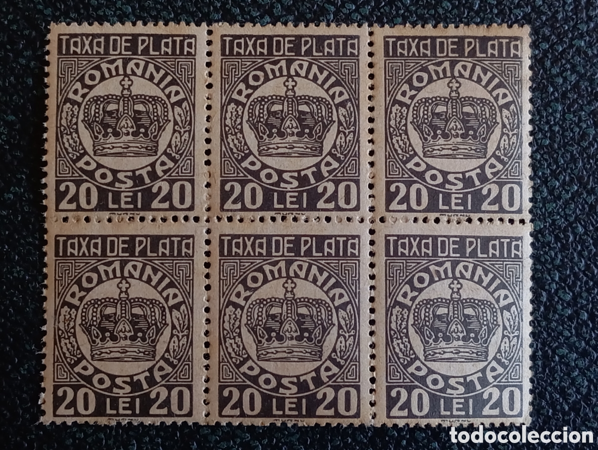 Sellos: &rdquo;Bloque 6 sellos Rumania Taxa de Plata Corona 20 Lei Porte Debido MURNU 1932&rdquo;