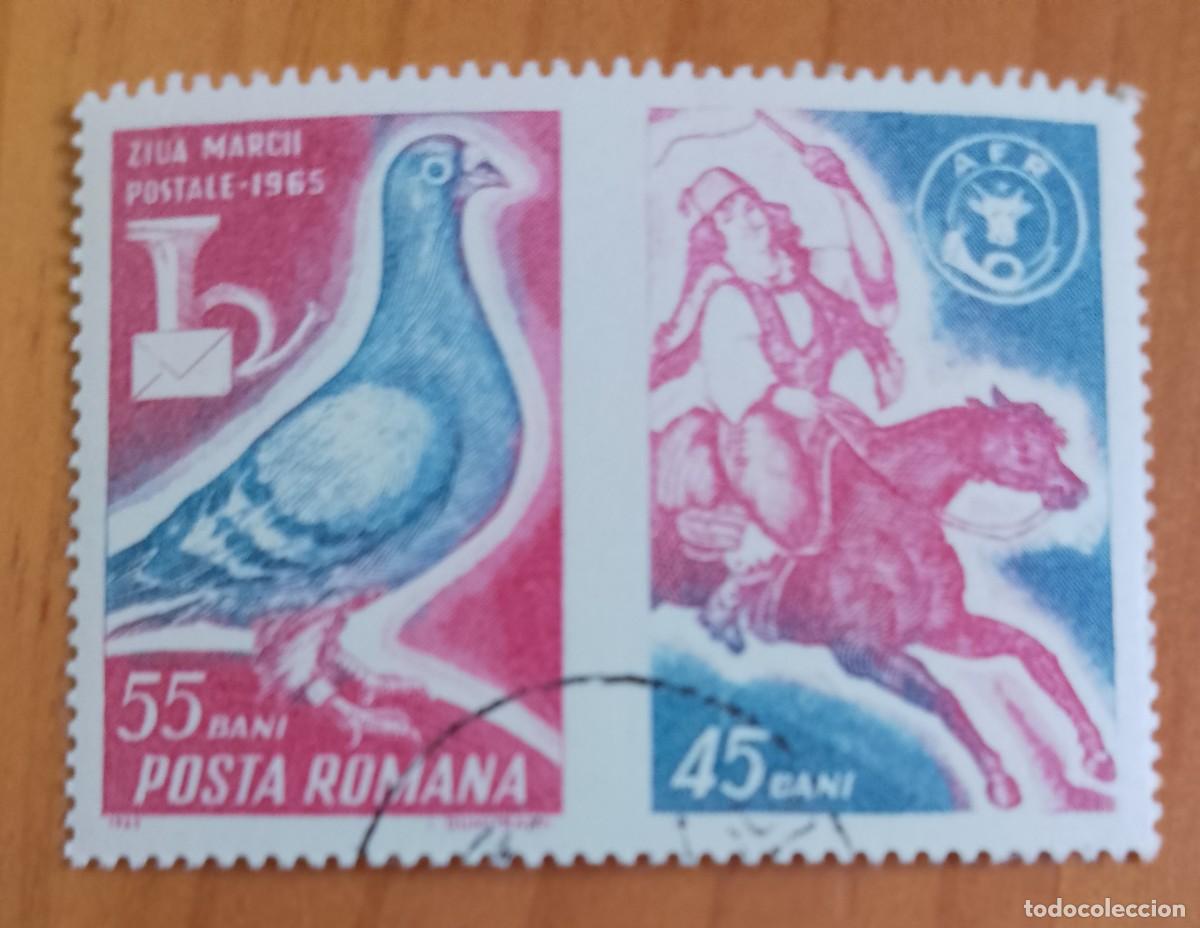 Sellos: RUMANIA - V/F 55 Y 45 BANI - A&Ntilde;O 1965 - DIA DE MARZO POSTAL - A F R - PALOMA Y CABALLERO