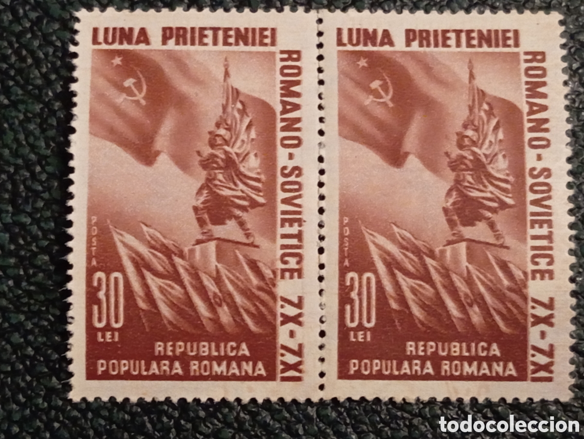 Sellos: Sellos Ruman&iacute;a 1952 Mes de la Amistad Sovi&eacute;tica 30L Pareja Horizontal Scott #883 mnh