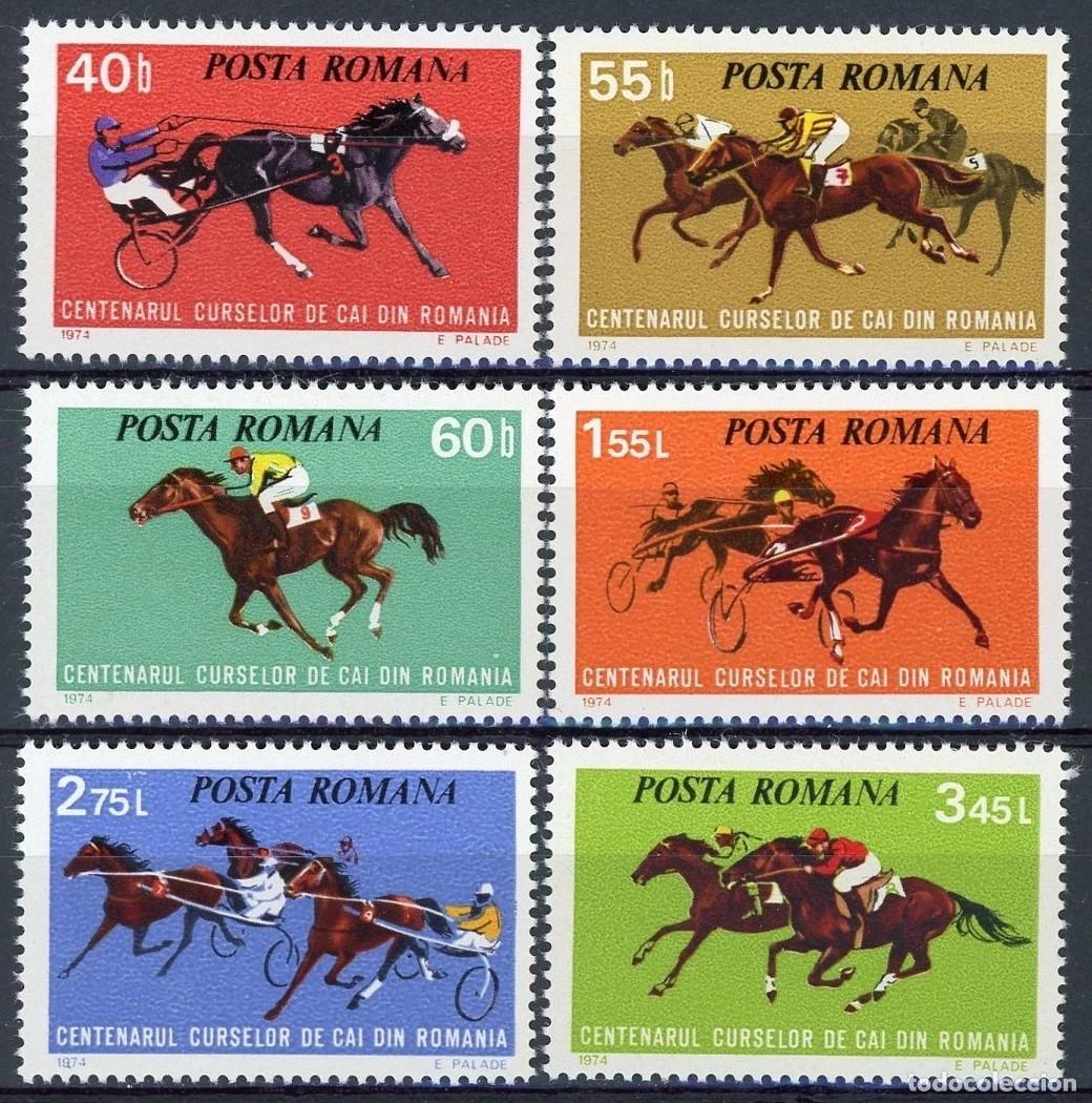 Sellos: Rumania 1974 Ivert 2828/33 *** Centenario de las Carreras de Caballos en Rumania - Deportes