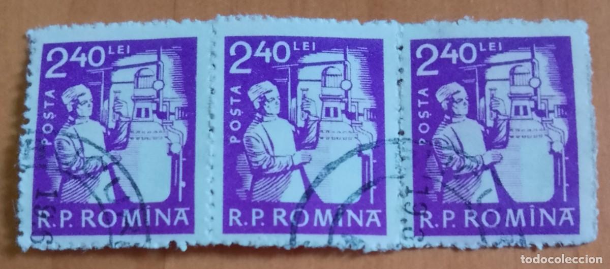 Sellos: RUMANIA - V/F 2,40 LEI - QU&Iacute;MICO, INVESTICACI&Oacute;N.- TIRA CON 3 SELLOS, VER DESCRIPCI&Oacute;N.