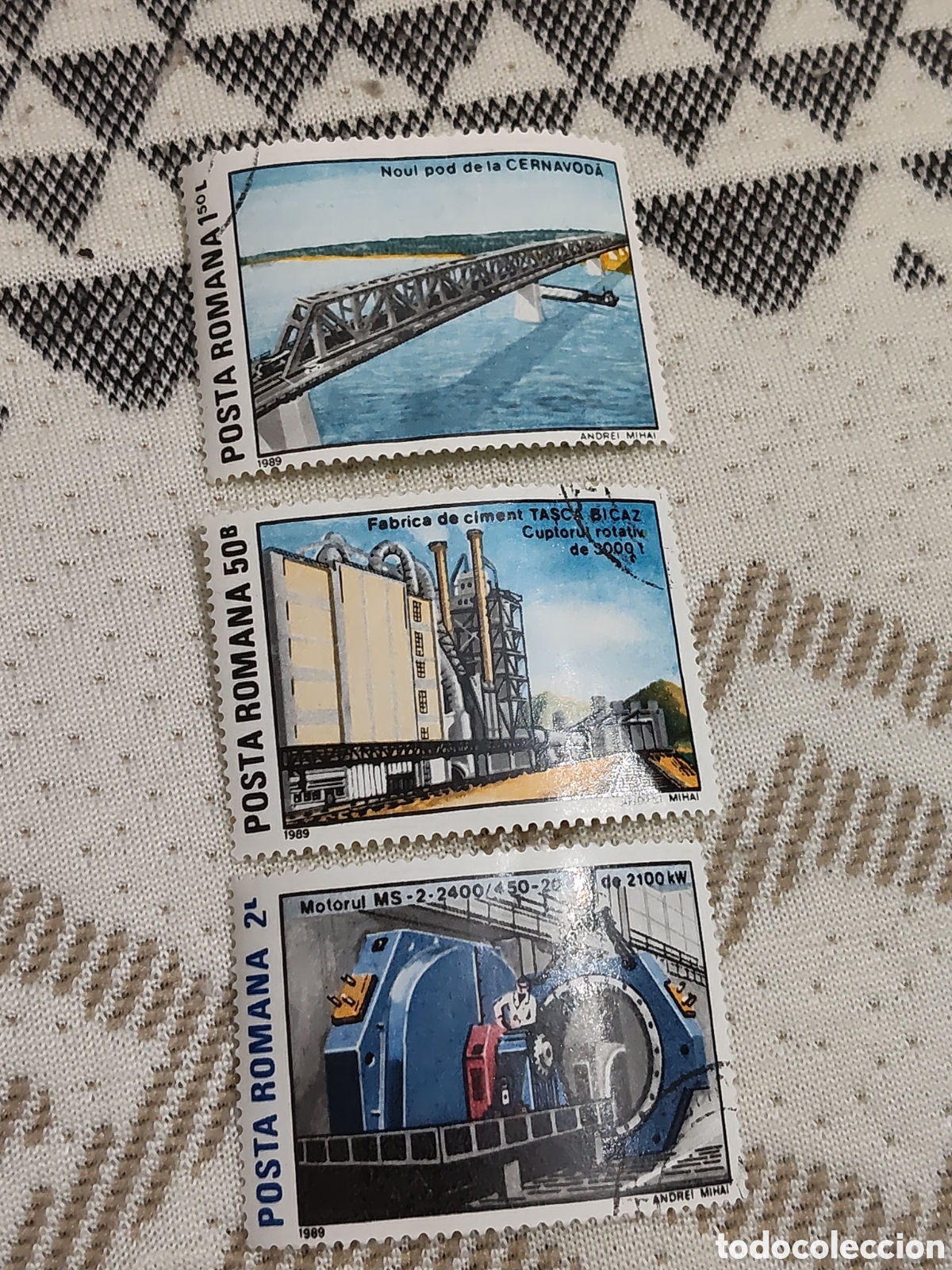 Sellos: 3 sellos de Ruman&iacute;a Industria y obras publicas 1989