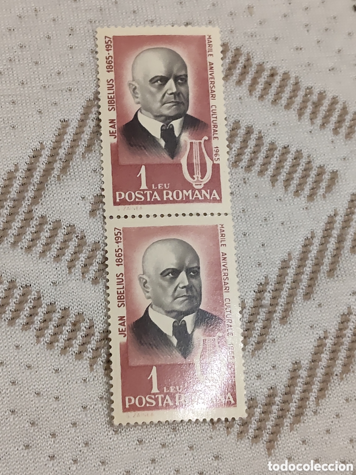 Sellos: Bloque de 2 sellos de Ruman&iacute;a compositor finland&eacute;s Jean Sibelius 1965