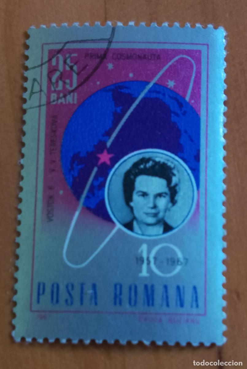 Sellos: RUMANIA - 25 BANI - 1957-1967 - PRIMERA COSMONAUTA, V.V. TERESKOVA, VOSTOK 6 - VER DESCRIPCI&Oacute;N