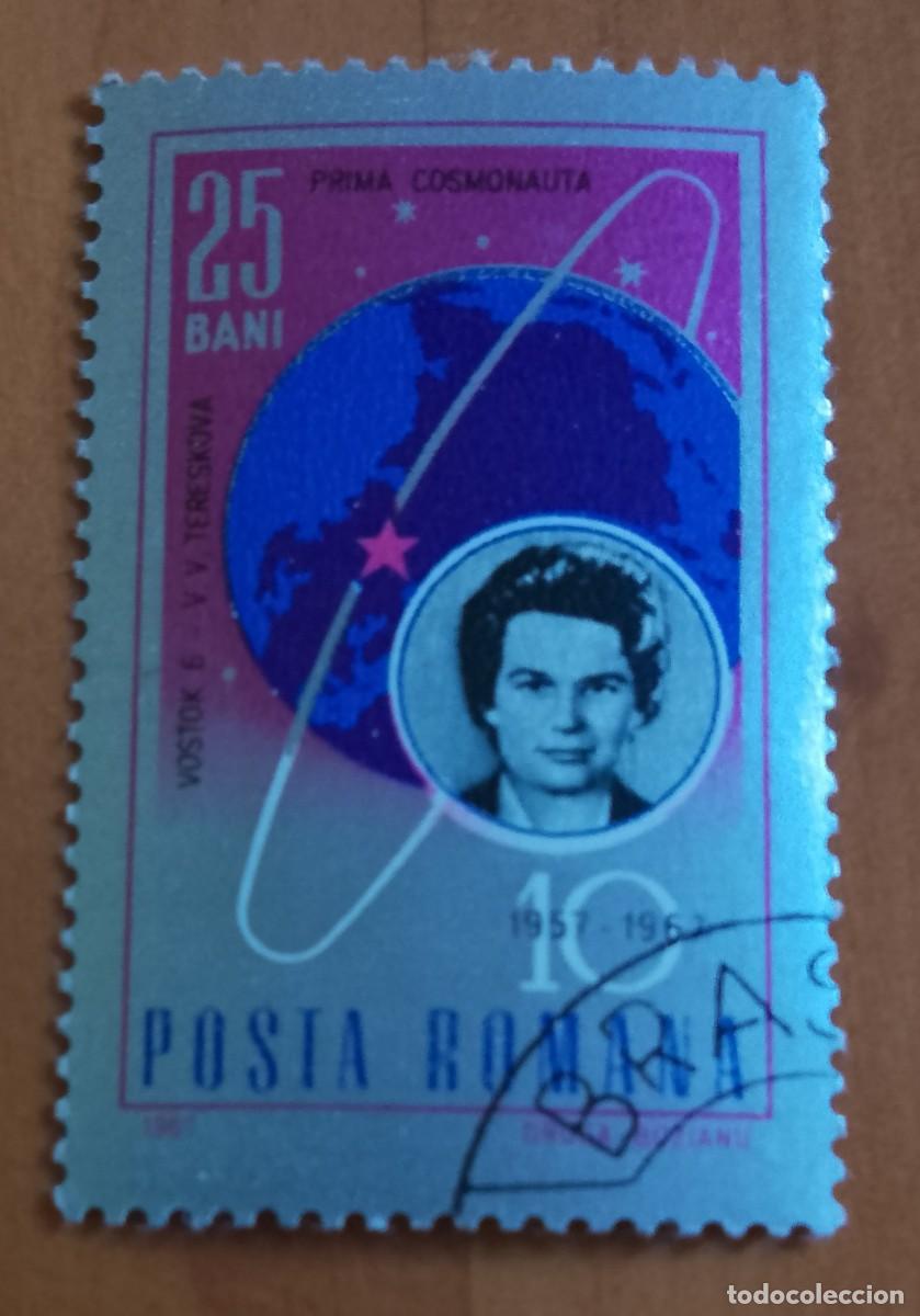 Sellos: RUMANIA - 25 BANI - 1957-1967 - PRIMERA COSMONAUTA, V.V. TERESKOVA, VOSTOK 6 - VER DESCRIPCI&Oacute;N