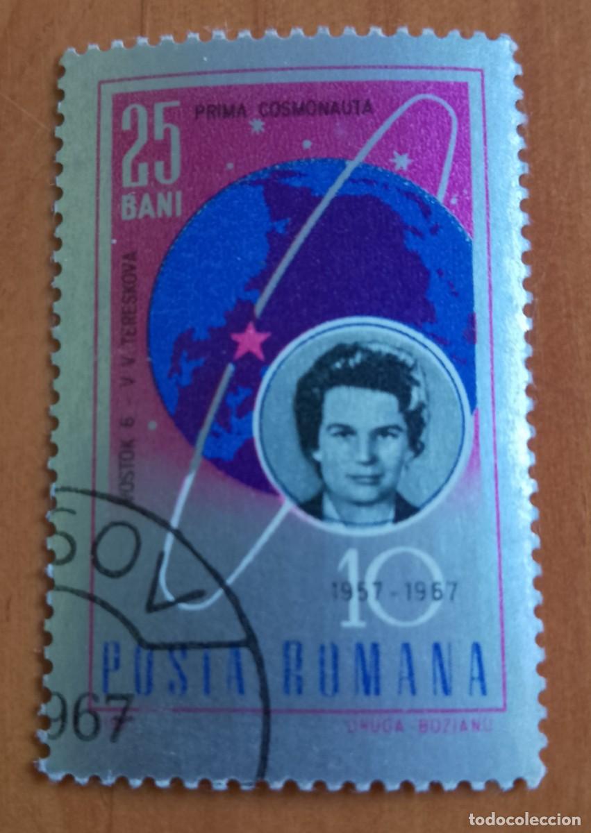 Sellos: RUMANIA - 25 BANI - 1957-1967 - PRIMERA COSMONAUTA, V.V. TERESKOVA, VOSTOK 6 - VER DESCRIPCI&Oacute;N