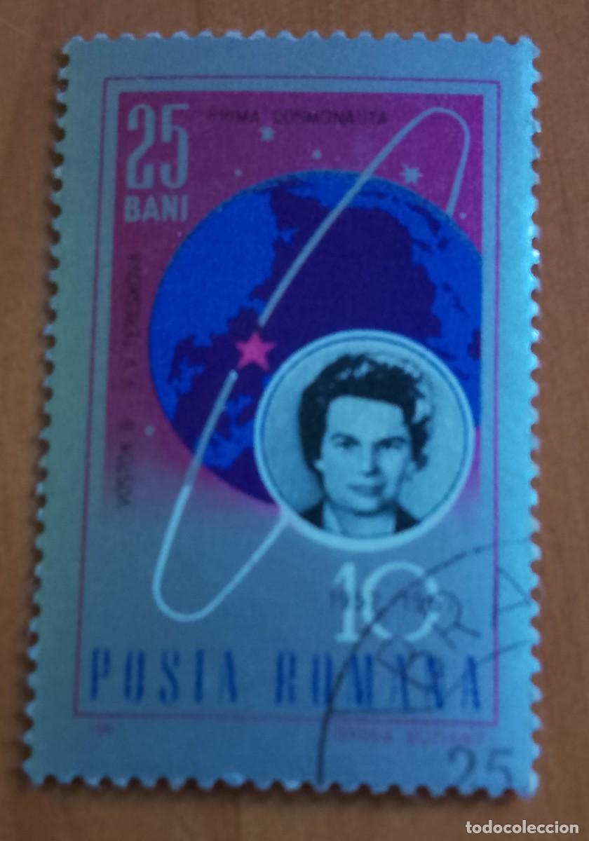Sellos: RUMANIA - 25 BANI - 1957-1967 - PRIMERA COSMONAUTA, V.V. TERESKOVA, VOSTOK 6 - VER DESCRIPCI&Oacute;N