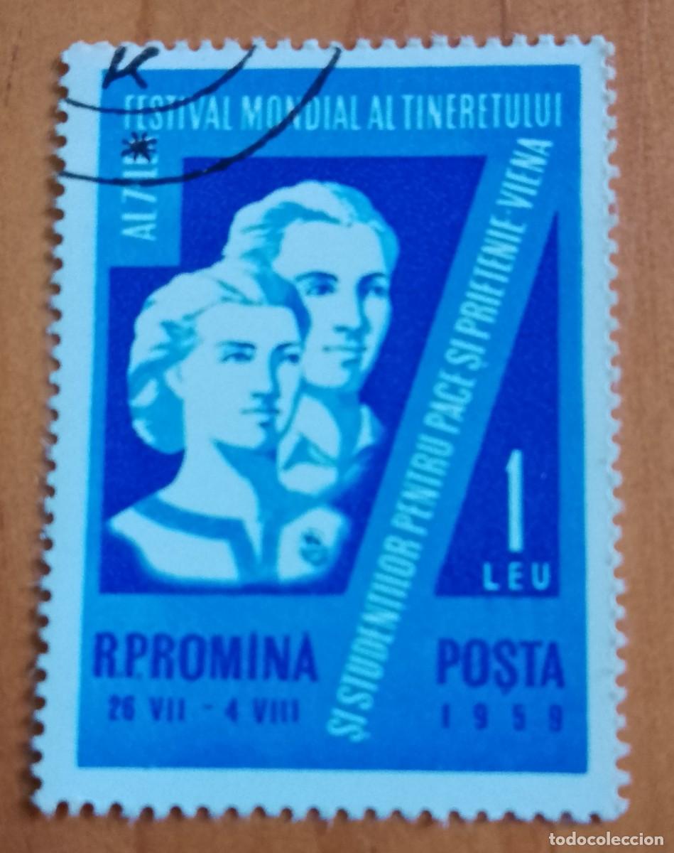 Sellos: RUMANIA - 1 LEU - A&Ntilde;O 1959 - FESTIVAL MUNDIAL DE LA JUVENTUD, 26.VII - 4.VIII 1959 - VER DESCRIPCI&Oacute;N