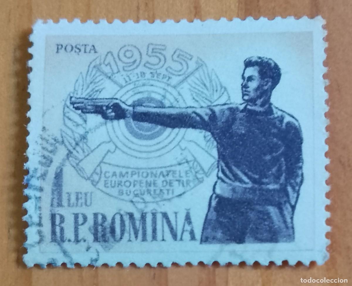 Sellos: RUMANIA - 1 LEI - CAMPEONATO EUROPEO DE TIRO BUCAREST 11-18 SEPT 1955