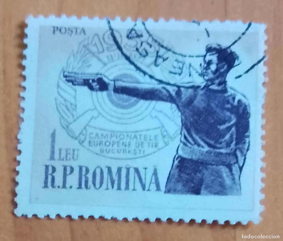 Sellos: RUMANIA - 1 LEI - CAMPEONATO EUROPEO DE TIRO BUCAREST 11-18 SEPT 1955