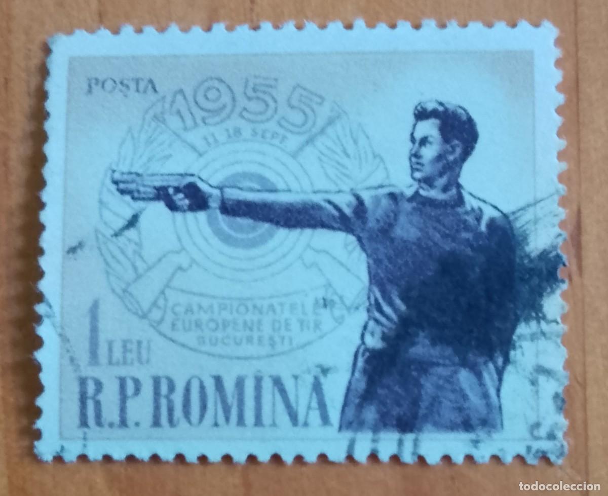 Sellos: RUMANIA - 1 LEI - CAMPEONATO EUROPEO DE TIRO BUCAREST 11-18 SEPT 1955