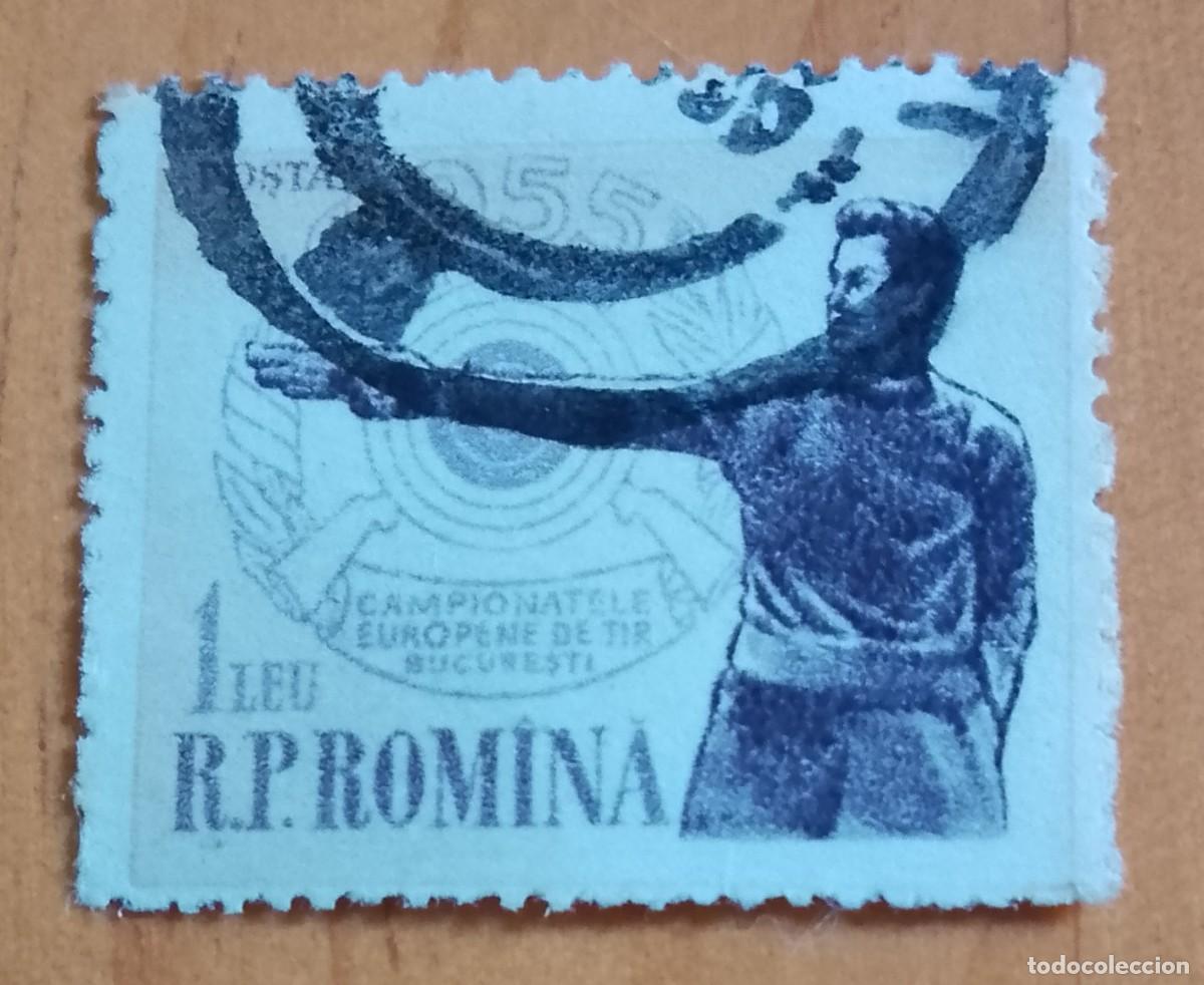 Sellos: RUMANIA - 1 LEI - CAMPEONATO EUROPEO DE TIRO BUCAREST 11-18 SEPT 1955
