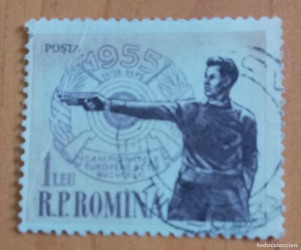 Sellos: RUMANIA - 1 LEI - CAMPEONATO EUROPEO DE TIRO BUCAREST 11-18 SEPT 1955