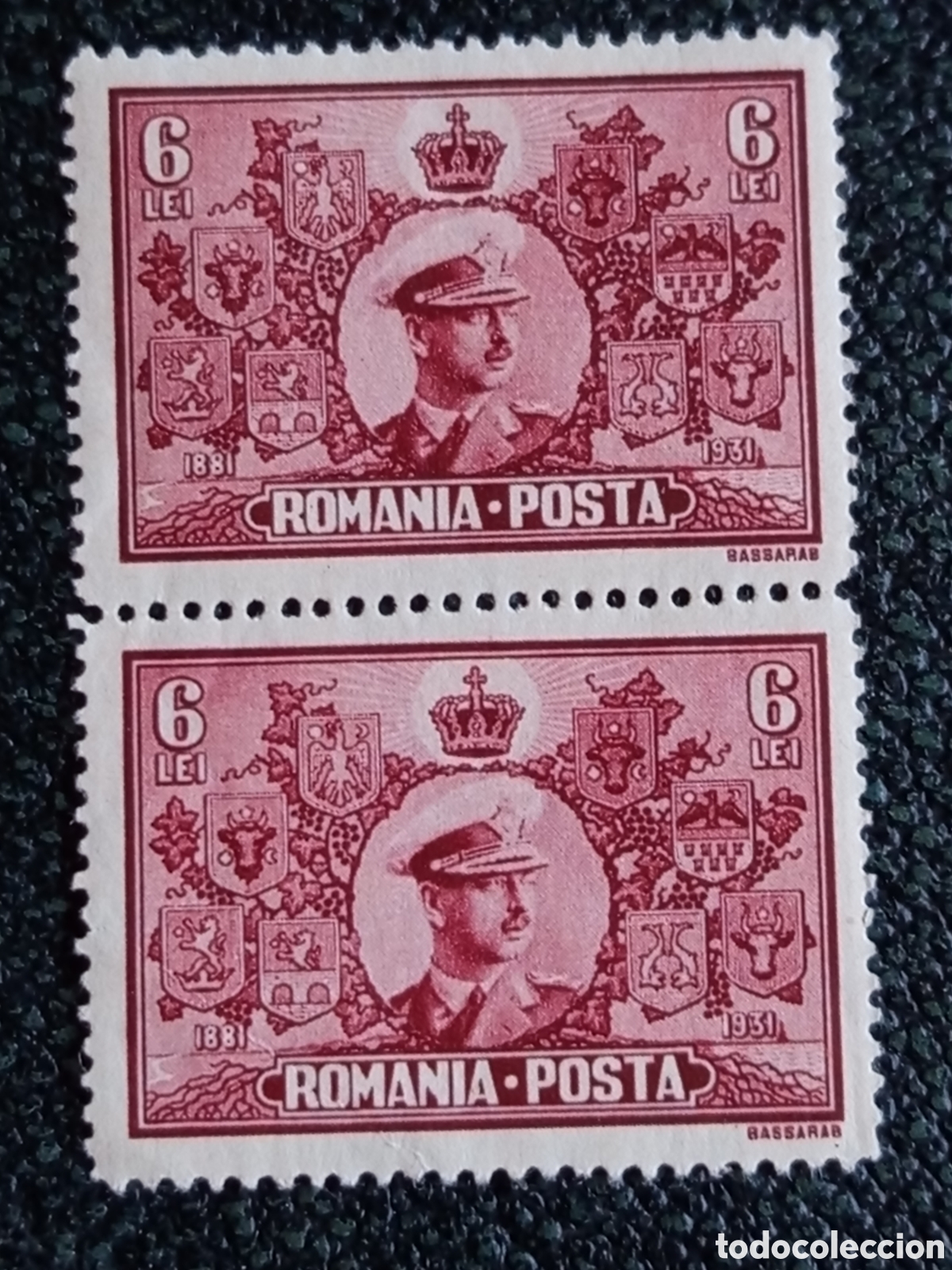 Sellos: Pareja Sellos Ruman&iacute;a 6 Lei 1931 Rey Carol II Escudos - Michel 399 / Scott 386 MNH