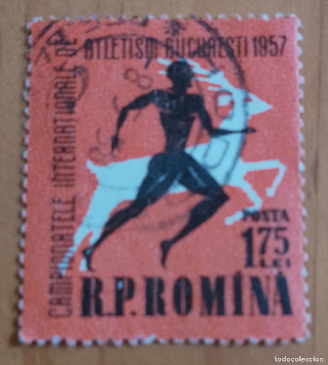 Sellos: RUMANIA - 1,75 LEI - A&Ntilde;O 1957 - CAMPEONATOS INTERNACIONALES ATLETISMO BUCAREST - VER DESCRIPCI&Oacute;N.