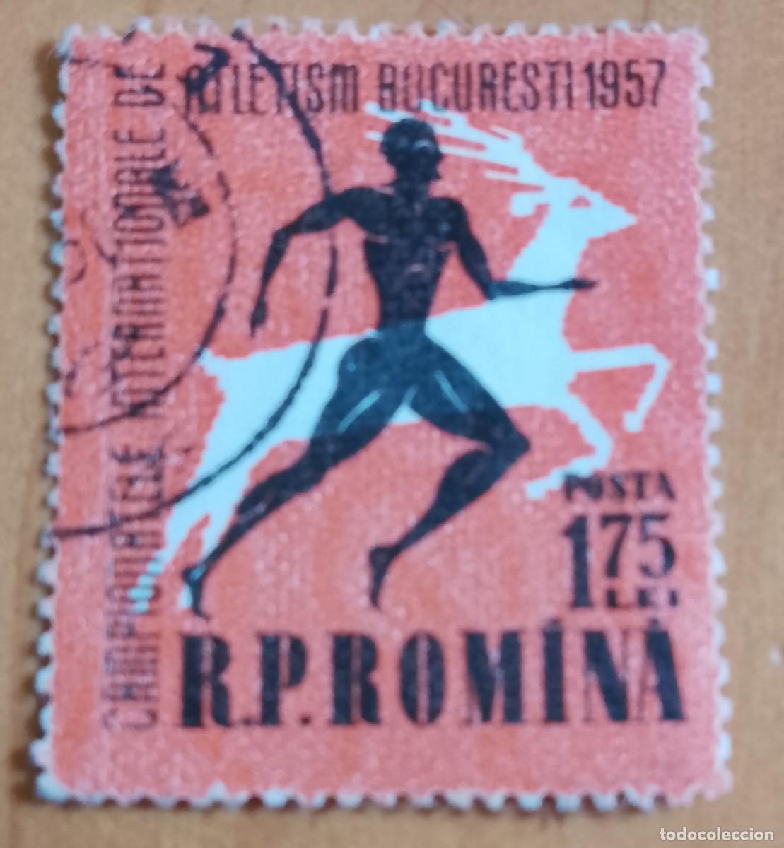 Sellos: RUMANIA - 1,75 LEI - A&Ntilde;O 1957 - CAMPEONATOS INTERNACIONALES ATLETISMO BUCAREST - VER DESCRIPCI&Oacute;N.