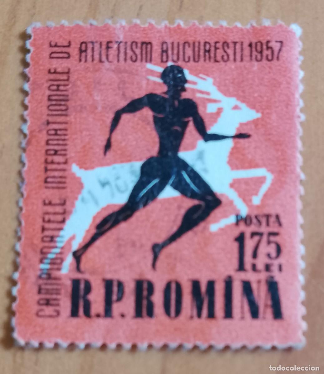 Sellos: RUMANIA - 1,75 LEI - A&Ntilde;O 1957 - CAMPEONATOS INTERNACIONALES ATLETISMO BUCAREST - VER DESCRIPCI&Oacute;N.