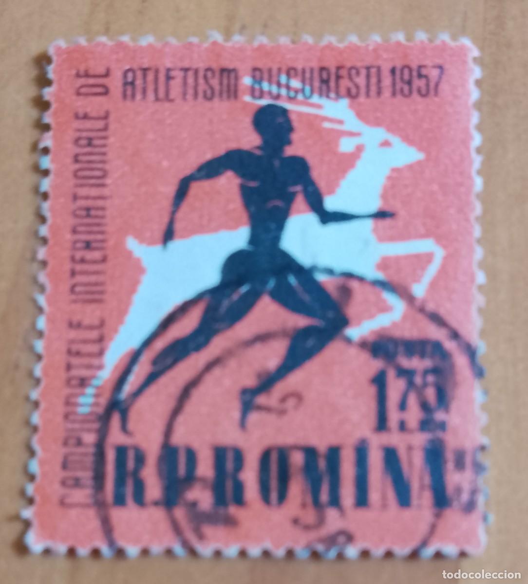 Sellos: RUMANIA - 1,75 LEI - A&Ntilde;O 1957 - CAMPEONATOS INTERNACIONALES ATLETISMO BUCAREST - VER DESCRIPCI&Oacute;N.