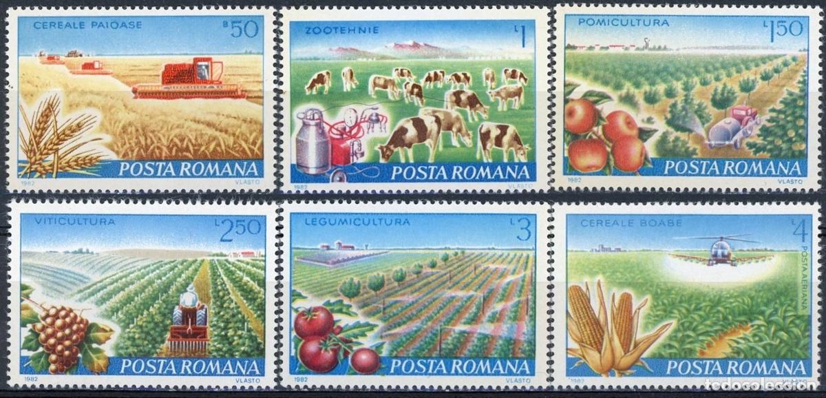 Sellos: Rumania 1982 Ivert 3388/92 y A&eacute;reo 282 *** Mecanizaci&oacute;n de la Agricultura