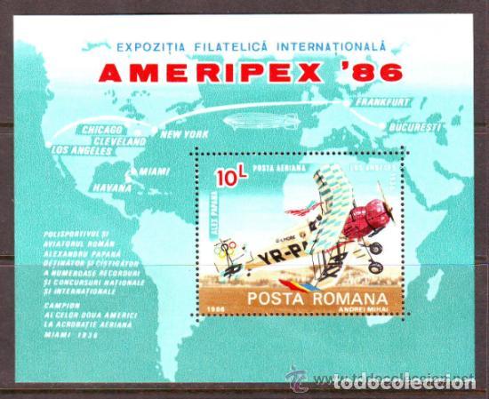 Sellos: Rumania 1986 HB Ivert 184 *** AMERIPEX-86 - Exposici&oacute;n Filat&eacute;lica Internacional de Chicago - Aviones