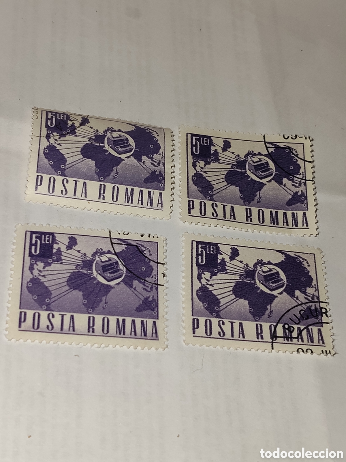 Sellos: 4 sellos de Ruman&iacute;a mapamundi y una maquina de t&eacute;lex 1971