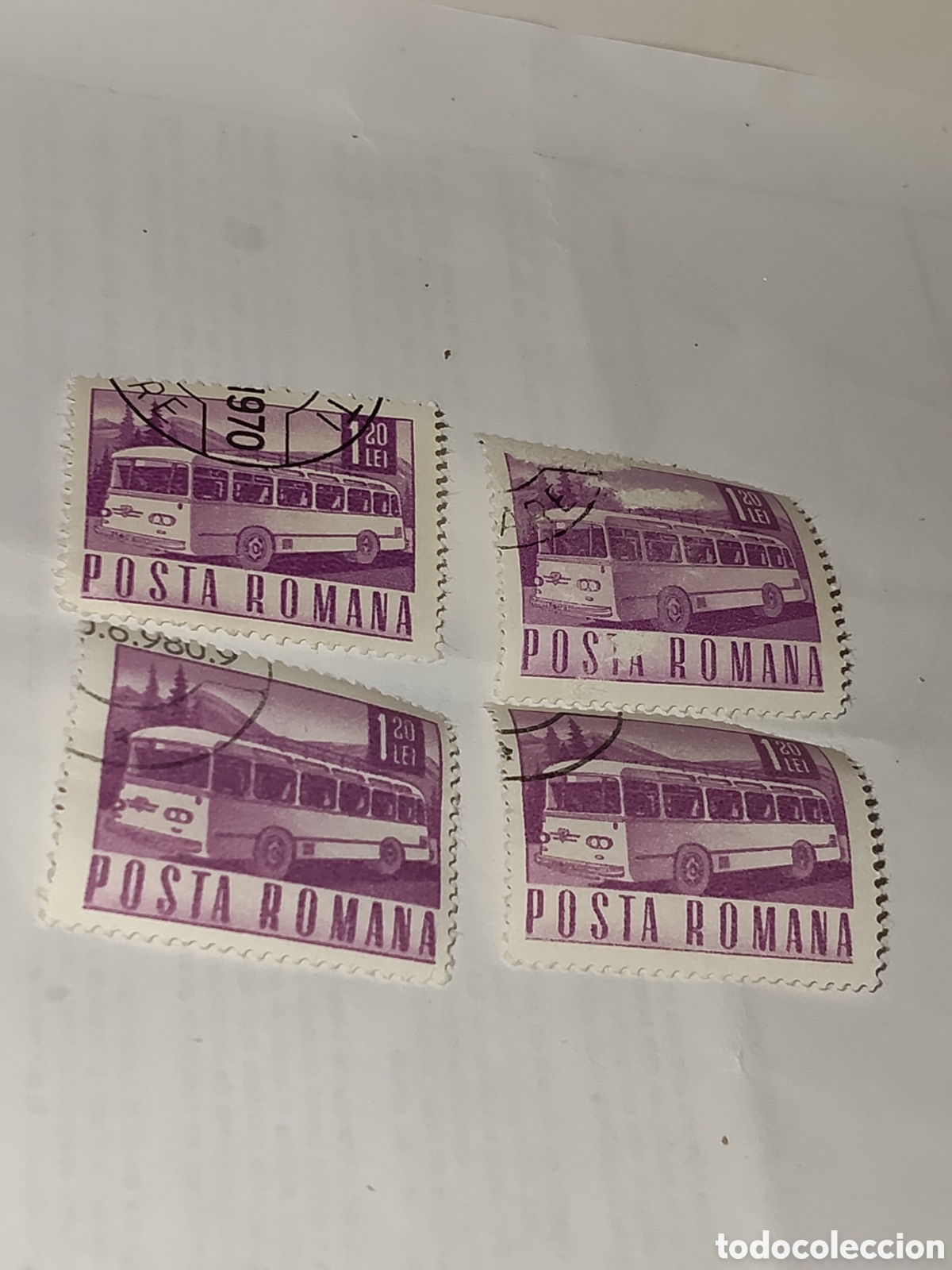 Sellos: 4 sellos de Ruman&iacute;a transporte autob&uacute;s interurbano 1968-71
