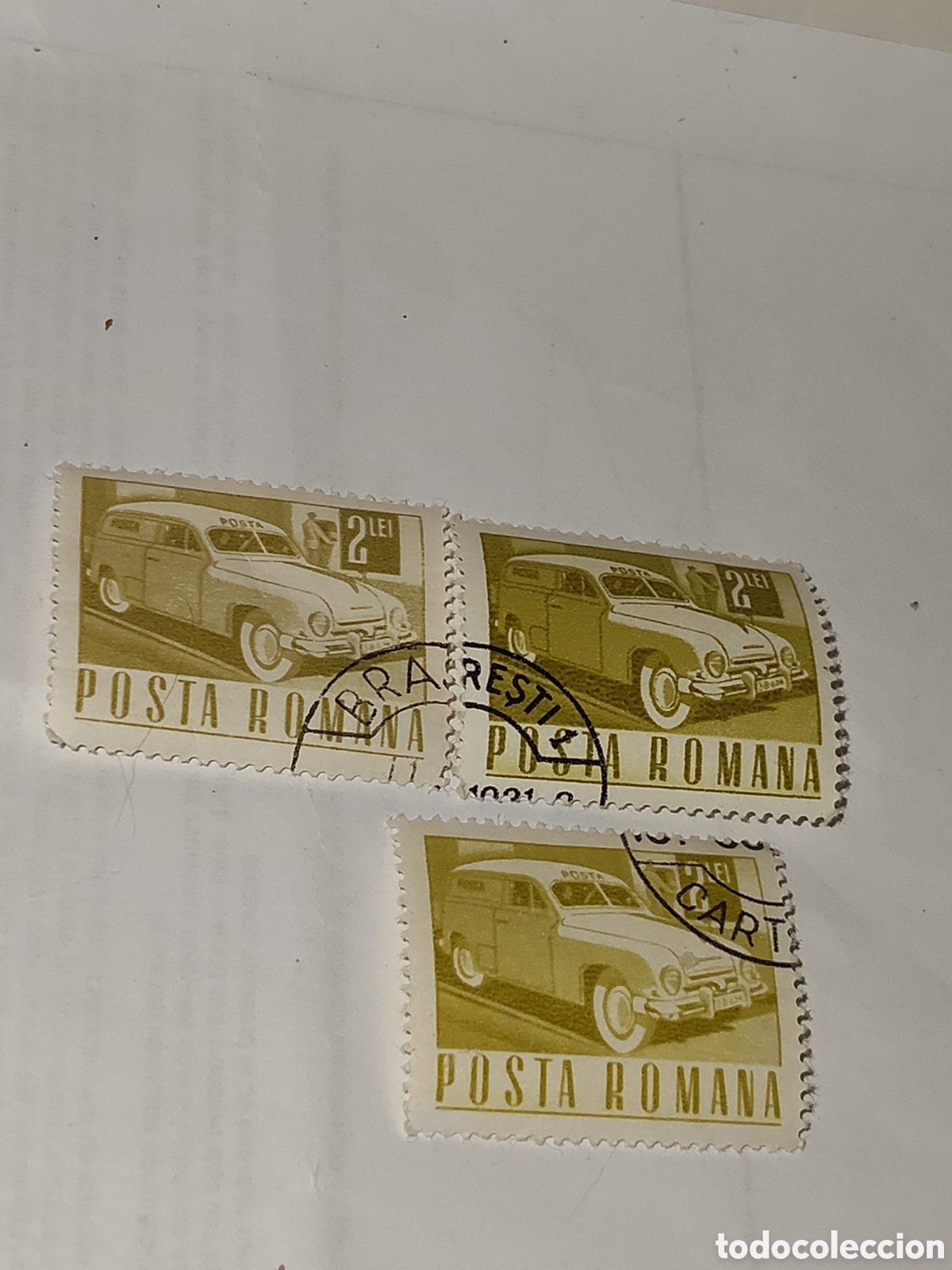 Sellos: 3 sellos de Ruman&iacute;a transportes antigua furgoneta o coche de correos 1967-68