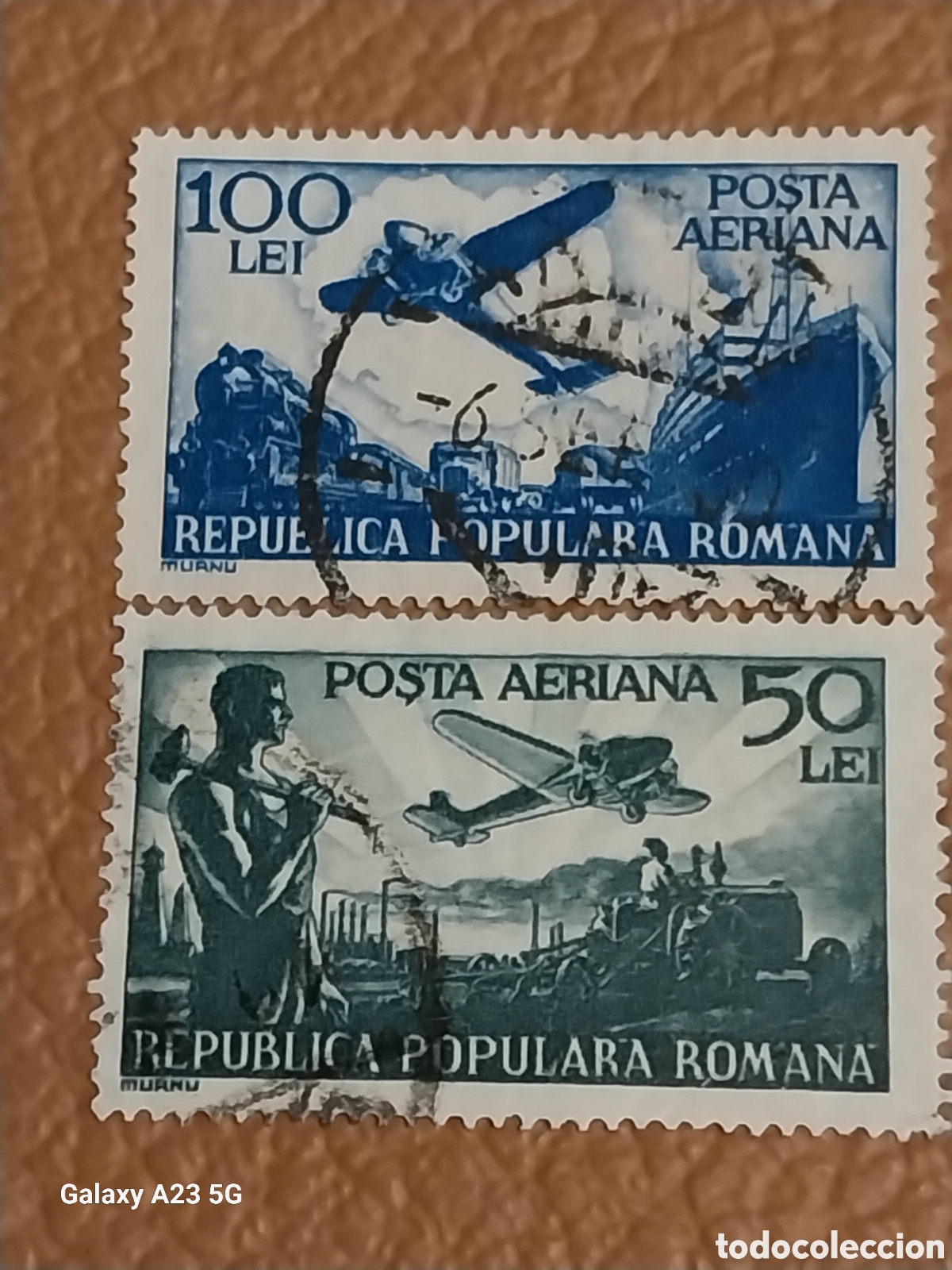 Stamps: Lote 2 Sellos Ruman&iacute;a 1948 Correo A&eacute;reo 50L y 100L Usados Cat Scott C33 y C34