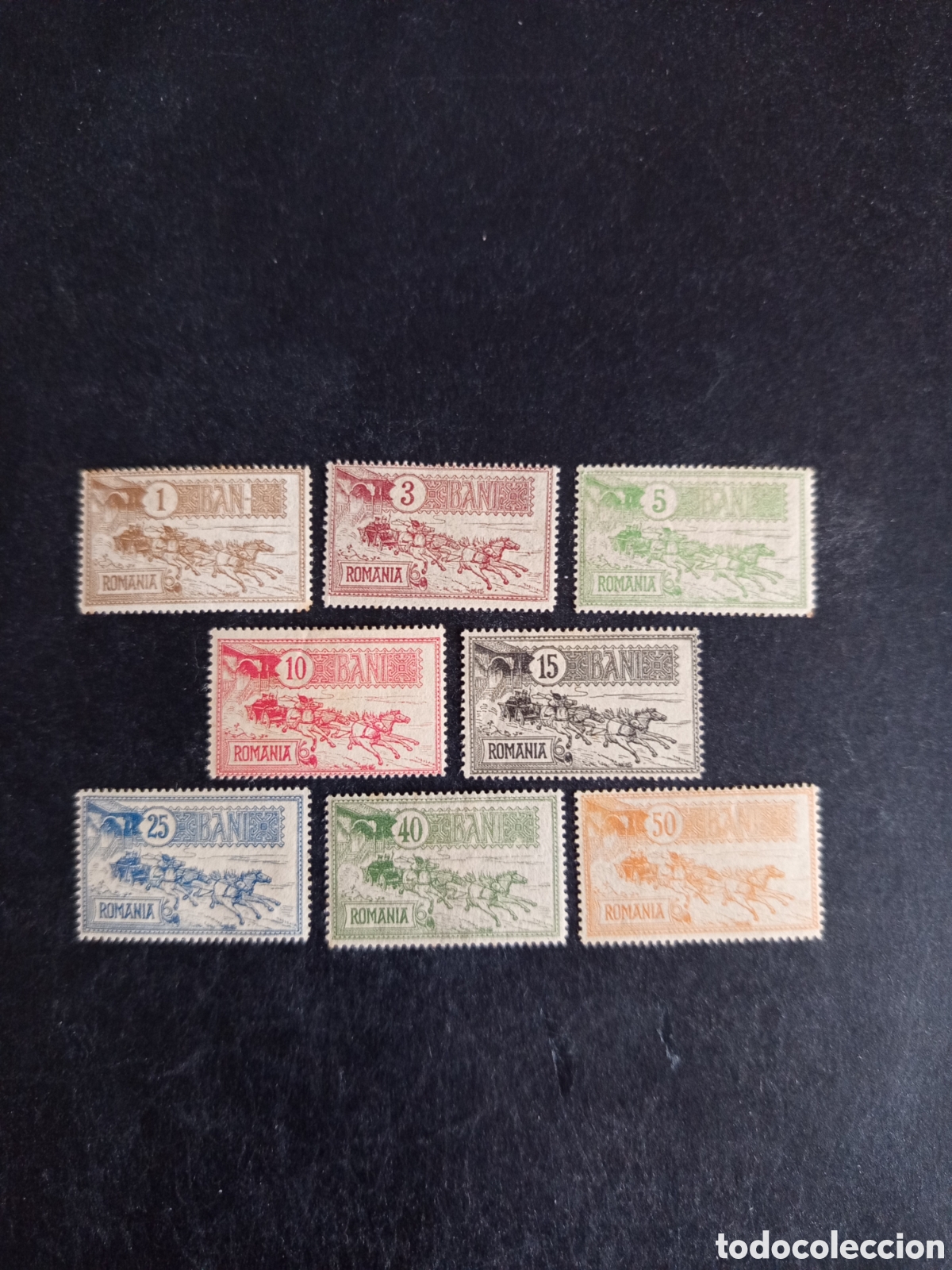 Sellos: Ruman&iacute;a, 1903. Antiguo veh&iacute;culo postal. Yv. 137/44. Serie completa. Pedido m&iacute;nimo 3&euro;