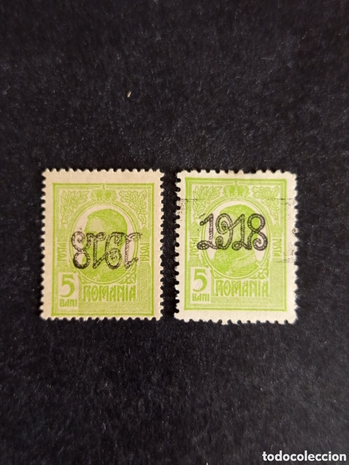 Sellos: Ruman&iacute;a, 1918. Rey Carlos I. Sobrecarga del a&ntilde;o normal e invertida. Yv 260. Pedido m&iacute;nimo 3 &euro;.