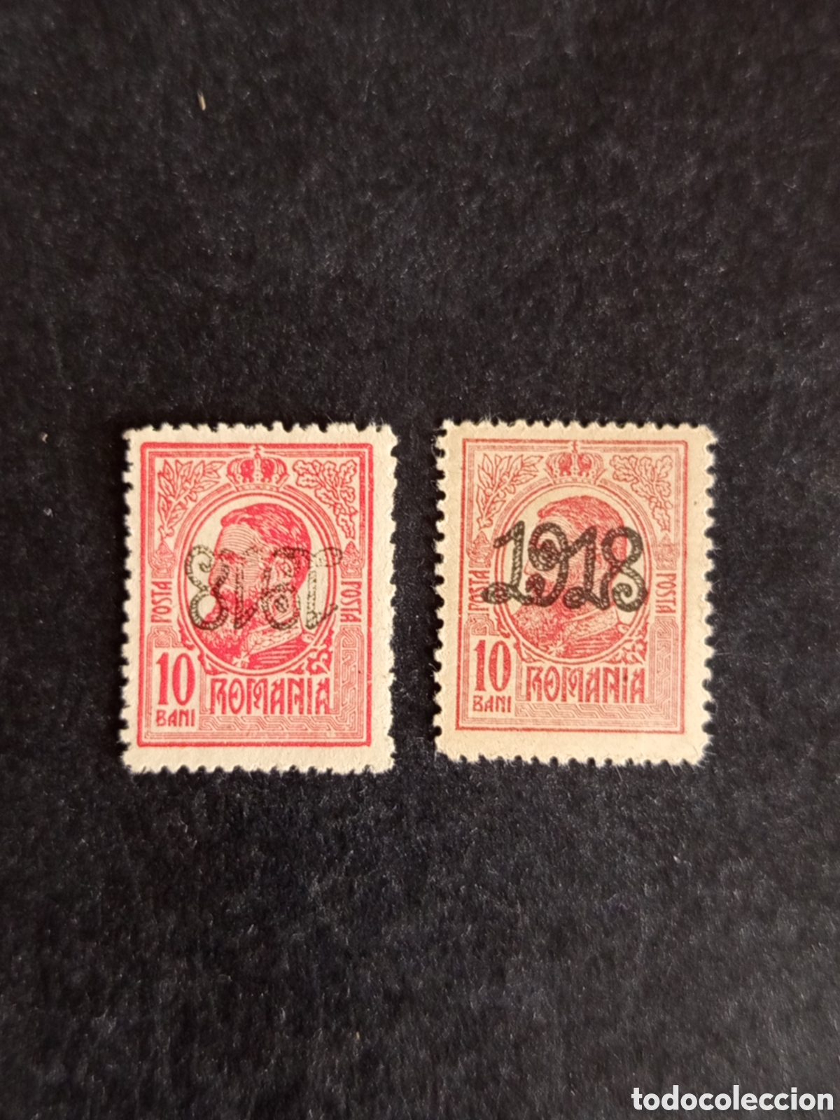 Sellos: Ruman&iacute;a, 1918. Rey Carlos I. Sobrecarga del a&ntilde;o normal e invertida. Yv 261. Pedido m&iacute;nimo 3 &euro;.