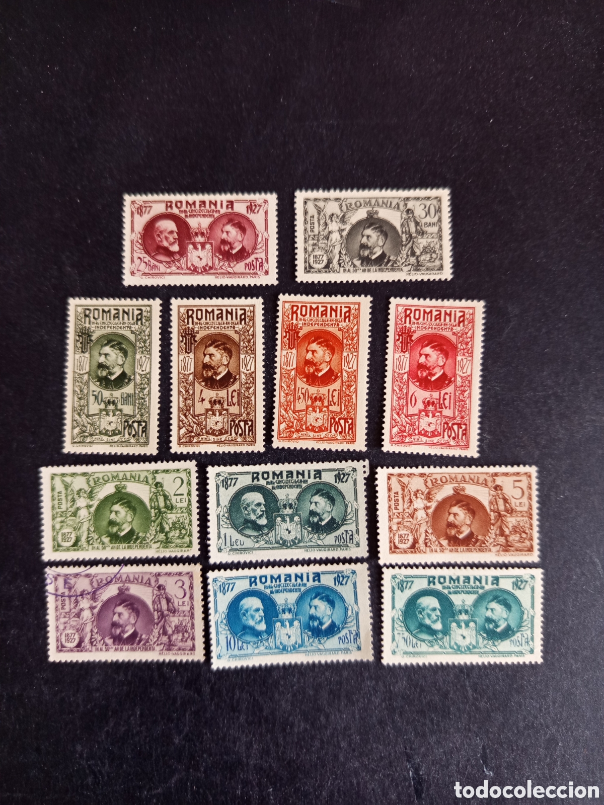 Sellos: Ruman&iacute;a, 1927. 50 Aniversario de la Independencia. Reyes Carlos y Fernando.Yv. 324/35.Serie completa