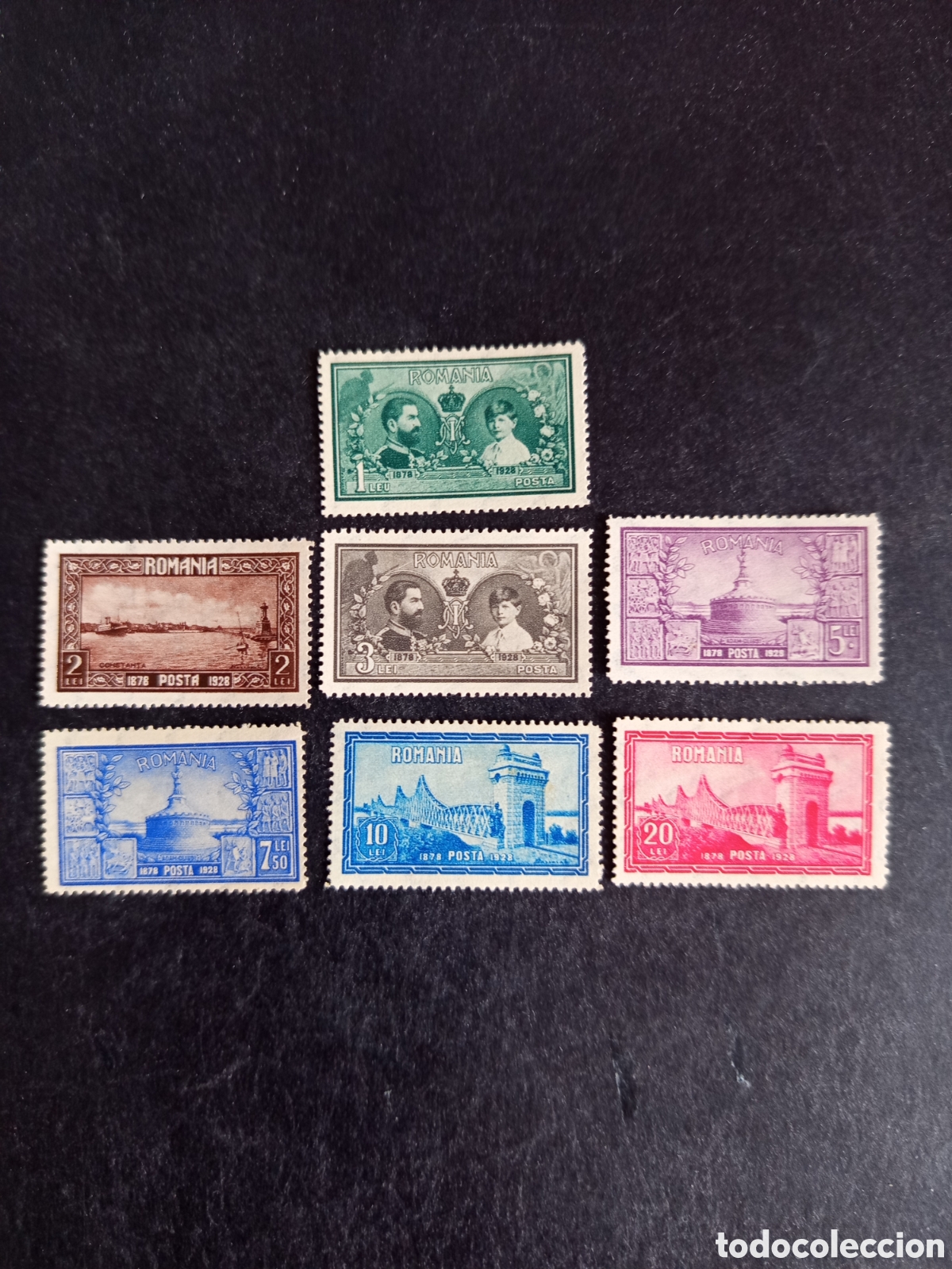 Sellos: Ruman&iacute;a, 1928. 50 A&ntilde;os Uni&oacute;n de Dobruja. Yv. 358/64. Serie completa. Pedido m&iacute;nimo 3 &euro;. Ver fotos.
