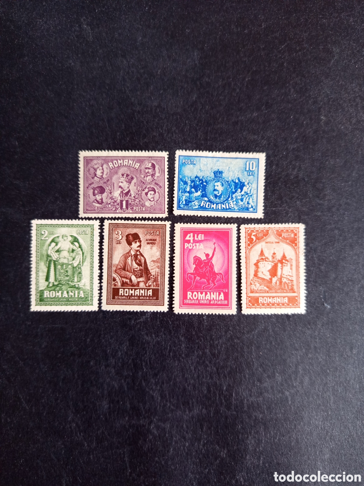 Sellos: Ruman&iacute;a, 1929. Uni&oacute;n de Transilvania y Ruman&iacute;a. Yv. 365/70. Serie completa. Pedido m&iacute;nimo 3 &euro;.