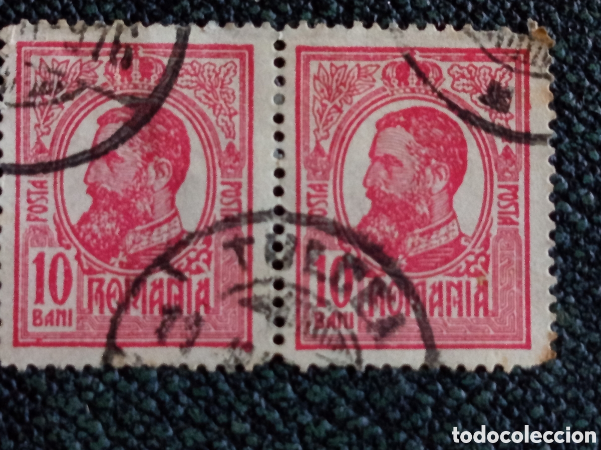 Sellos: Ruman&iacute;a 1908 Rey Carol I 10 Bani Carm&iacute;n Pareja Usada (Cat&aacute;logo Scott #189 / Michel #213)