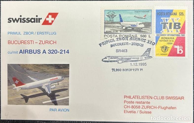 Timbres: TS.)1995, ROMANIA, BUCHAREST TO ZURICH, AIRMAIL, PRE-PRINTED WITH A GRAPHIC DESIGN FEATURING THE &rdquo;SW